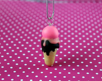 Double Scoop Strawberry and Chocolate Ice Cream Cone Necklace