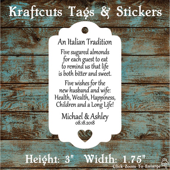 Favor Tags, Jordan Almond Favor Tags, Sugared Almond Favor Tags, Italian Wedding Favor Tags with Heart Cut Out #772 - Quantity: 30 Tags