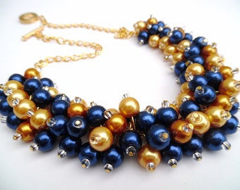 Navy Blue and Mustard Yellow Pearl Necklace, Bridesmaid Jewelry, Cluster Necklace, Chunky Necklace, Bridesmaid Gift, Pearl Wedding Jewelry