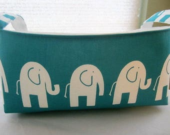 Long Diaper Caddy Fabric Organizer Basket Container Bin Storage - Turquoise With White Elephants