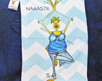 Workout Towel Yoga Tree Pose Namaste Woman White and Mint Blue Chevron Hen