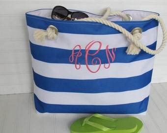 WATERPROOF Nautical Extra Large Beach Tote Bag Boat Bag Sailor Stripes Rope Handle Pool Bag Ready to Ship