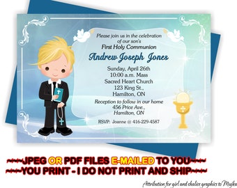 First Holy Communion, Invitation, Boy 1st Communion, Communion Invite, Boy, 1st Communion Invite - FIRSTCOMB4