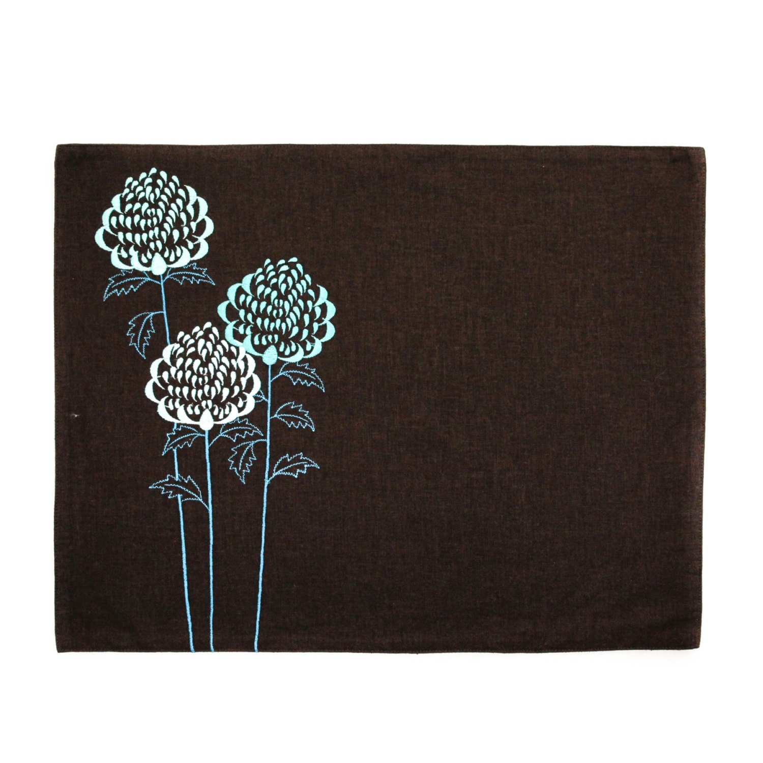 Teal Flower Placemat Set of 4 Dark Brown Linen Placemat Teal