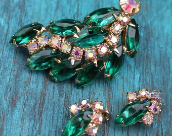Vintage DeLizza and Elster Juliana Emerald and Aurora Borealis Earrings & Brooch/Pin