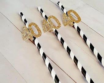 40th Birthday Decorations, 40th Birthday Straws, Age 40 Straws, Black Gold 40th Birthday, Forty and Fabulous, Forty & Flawless, Forty Decor