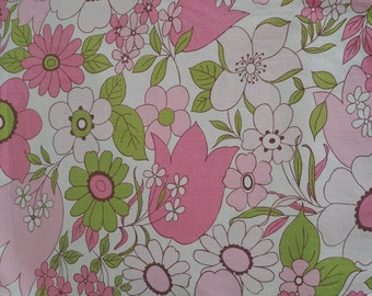Vintage 70's Wabasso Pink Floral Double Flat Bed Sheet/ Mod, Retro Pink Floral Top Flat Sheet