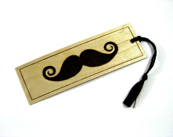 Wooden mustache bookmark - Hand Pyrography - Curly handlebar mustache