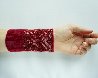 Crimson and gold beaded wrist warmers/ knitted wristlets with beads / woollen cuffs –ready to ship