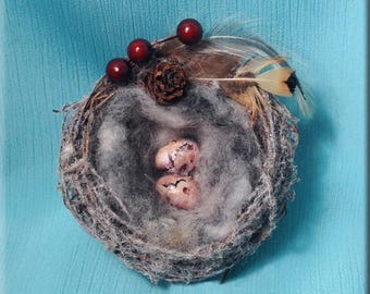 Decorative White Flocked Bird Nest with Yellow Hammer Finch Eggs - 3 inches