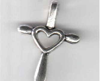 Religious Cross with heart in center - Silver Tone