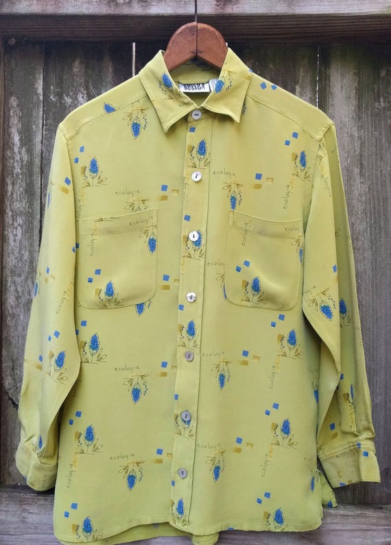 Chicos Design Green Silk Shirt/Ecology Shirt/Botanical