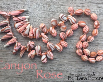 Handmade Polymer Clay Bead Set, Pink Copper White Beads, Artisan Polymer Clay Beads, Polymer Pendants, Polymer Necklace Beads, OOAK Beads