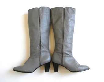Vintage Boots 70s Grey Leather Boots | Tall Riding Boots, 7 38