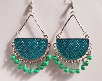 Enamel and green beads chandelier earrings