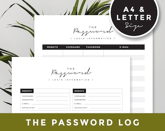 A4 & Letter size Password log: Password Tracker, Password Organizer, Password Keeper, Password Book, Password Printable, Login Information