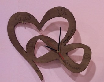 Custom wood wall Clock love, heart and infinity