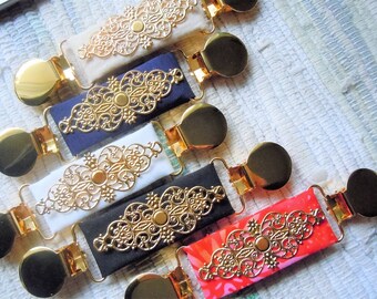 Gold filigree on fabric dress clip, shirt clip, jacket clip, sweater clip for back of waist