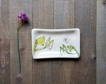 Mini insect tray, hand drawn praying mantis dish, small spoon rest, home decor.