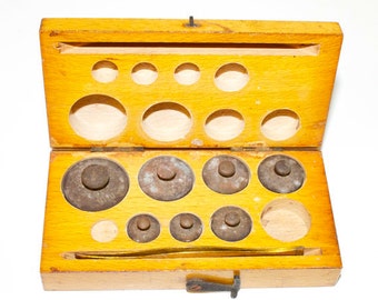 Antique 1920s Apothecary Scale Weights in Box with Tweezers