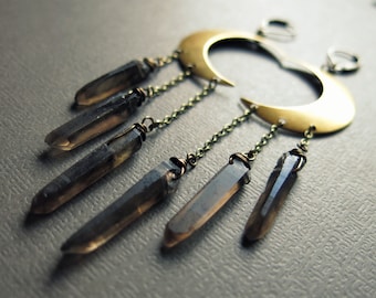 Moon Earrings - Raw Crystal Earrings - Crescent Moon Jewelry - Smoky Quartz Earrings - Raw Quartz Crystal Earrings - Raw Crystal Jewelry