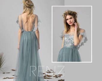Bridesmaid Dress Dusty Blue Tulle Dress Wedding Dress,Lace Ruffle Sleeve Party Dress,Round Neck Maxi Dress,Open Back Evening Dress(LS408)