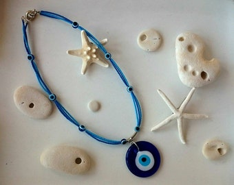 Blue Evil eye necklace | Nazar seed bead necklace | blue boho necklace | evil eye talisman pendant necklace UK