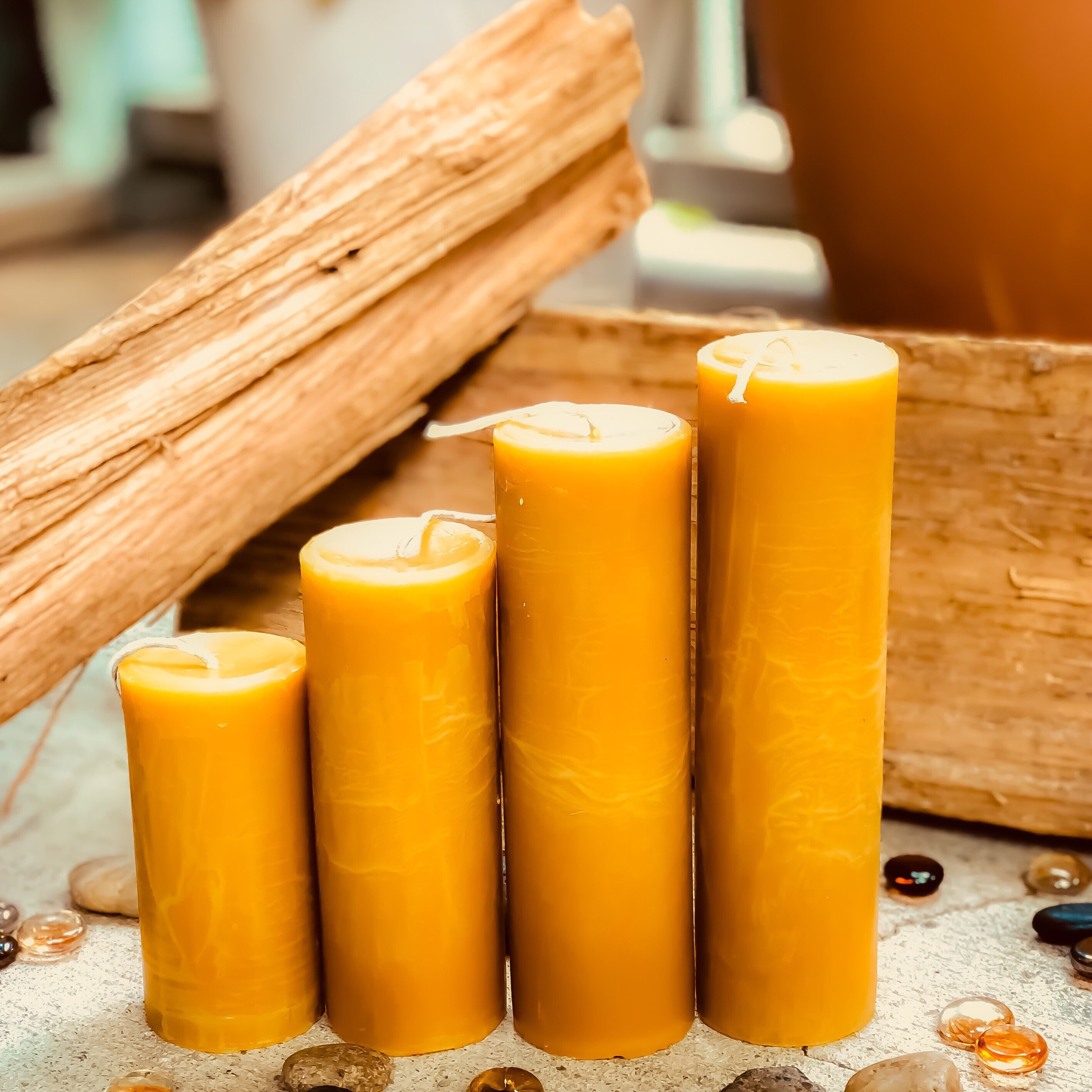 Set of 4, 100 Pure Beeswax Pillar Candles from 2 to 9 tall