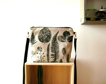 Medium size handbag, wild plants bag, naturalistic handbag, Crossbody bag, Hand printed bag, cotton bag, Every day bag, vegan bag