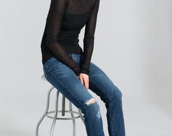 Turtleneck Blouse / Long Sleeve Blouse / Fitted Top / Black Casual Shirt / Marcellamoda - MB0369