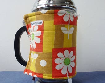 Cheerful daisy EXTRA LARGE coffee pot cosy, vintage red and yellow fabric cafetiere cozy, retro style