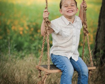 Barn wood rope swing – Child’s tree swing – Hanging reclaimed wood – Rustic country summer – Backyard porch swing – Farm kids play time