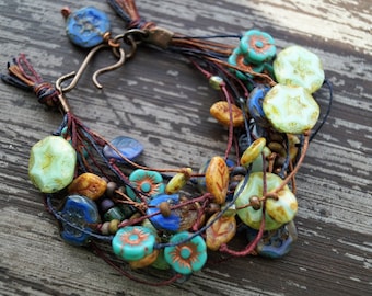 Tangled - Knotted Beaded Bracelet - Multi Strand Bracelet - Small Bracelet - Turquoise and Blue - Earthy Jewelry - Boho - Bead Soup Jewelry