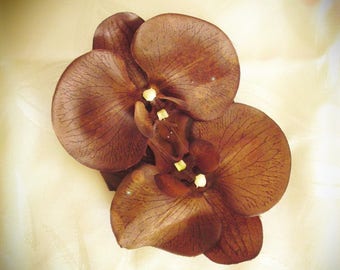 Chocolate Orchid hair barrette clip double artificial