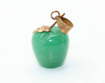 Adorable 14K Gold Carved JADE Green Apple Pendant for Necklace-Vintage Estate Jewelry-Teacher Gift!