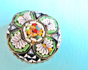 Vint. Italian MILLEFIORI PIN, Glass Flower Brooch, Hand made Pin, Brass Backing, Venitian Jewelry, 1" diameter, Micro Mosaic