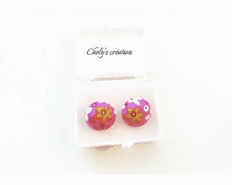 (chip) cabochon earrings floral fabric / / medium silver / / made in france
