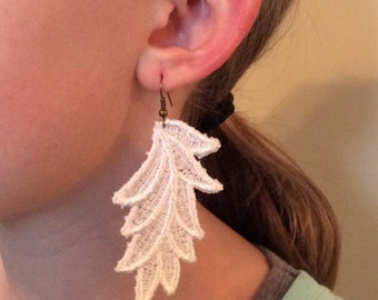 White vintage lace earrings, leaves, bronze hook