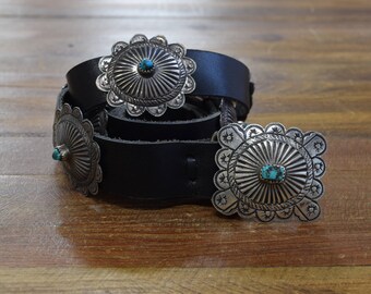 Vintage Sterling Silver Turquoise Concho Belt