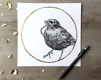 Robin Earthworm Moon March Print of Original Graphite Drawing with Gold Leaf - Animal Portrait Bird Print Robin Print Gold Bird