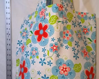Blue/Red/Pink Floral Tote with Burlap Bottom