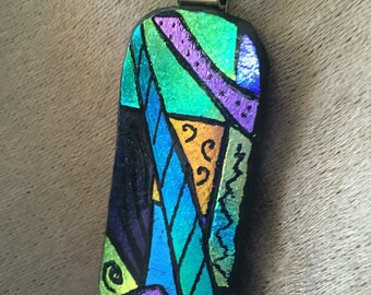 Long Hand-etched Dichroic Mosaic Pendant