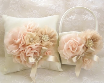Champagne Flower Girl Basket, Rose Gold Champagne Blush Flower Girl Basket Hand-Dyed Flowers Elegant and Classic