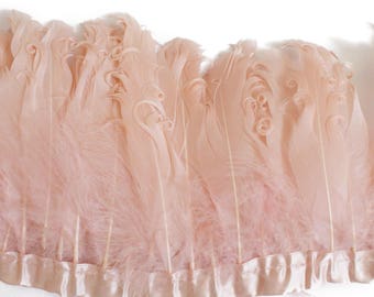 Peach Pink Curled Goose Feathers on ribbon trim for Millinery
