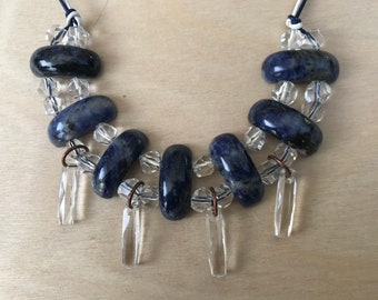 Sodalite and Swarovski Crystal with Blue and White Leather Cord