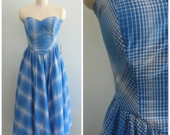 1980's Blue/White Plaid Strapless Sun Dress. Size S/M