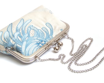Clutch bag, medium purse with chain handle, embroidered ivory silk, something blue, bridal clutch bag, BLUE Chrysanthemum