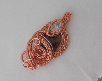Faceted Smoky Quartz Oval Bead Wire Weave with Diamond Quartz Coated Copper Wire Wrapped Jewelry Handmade Renaissance Amulet Unique