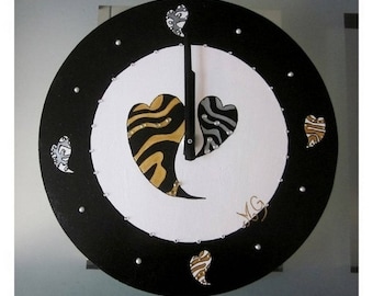 Black and white hearts and rhinestone wood clock