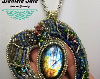 Bead embroidery necklace "Labradorite heart necklace "